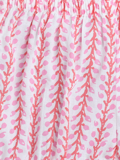 Cotton Leaves Printed Sleeveless Top and Shorts Night Wear Lounge Wear Set Pink