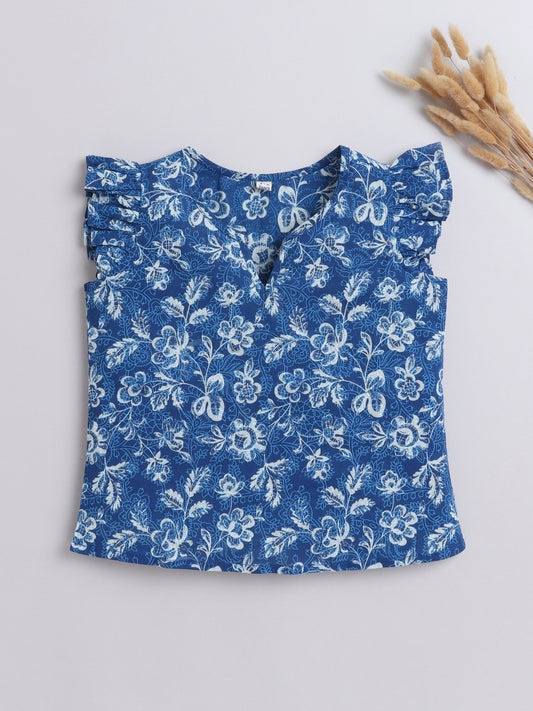 Cotton Frill Sleeves V Neck Floral Printed Top  Blue