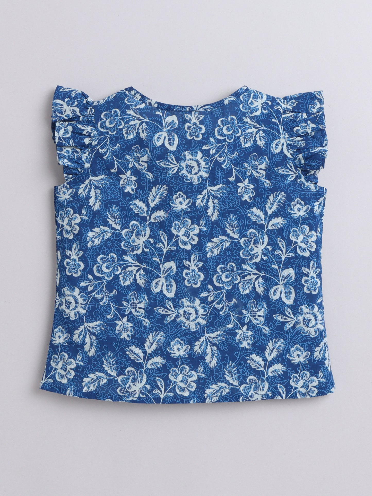 Cotton Frill Sleeves V Neck Floral Printed Top  Blue