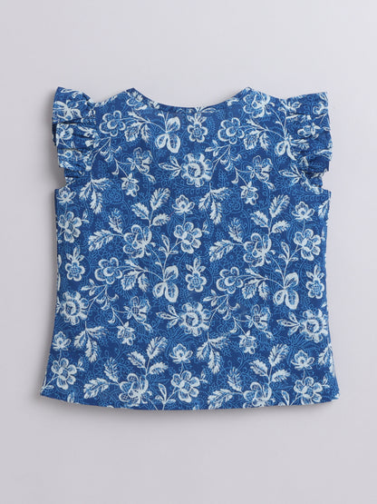 Cotton Frill Sleeves V Neck Floral Printed Top  Blue