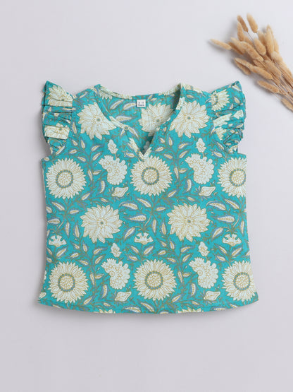 Cotton Frill Sleeves V Neck Floral Printed Top -Green