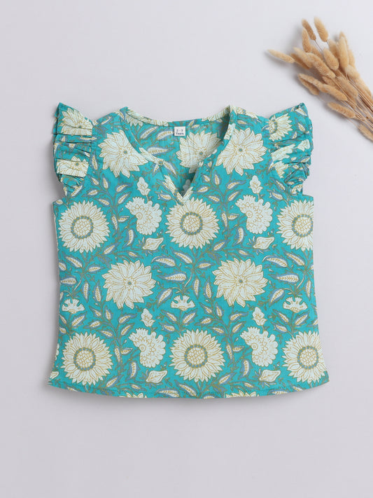 Cotton Frill Sleeves V Neck Floral Printed Top -Green