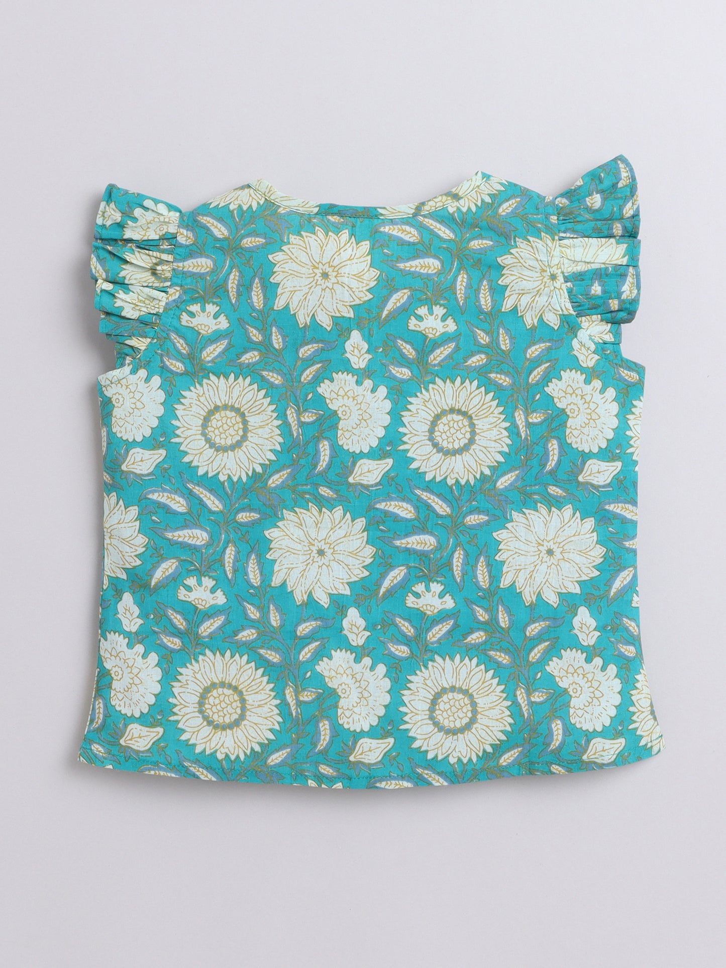 Cotton Frill Sleeves V Neck Floral Printed Top -Green