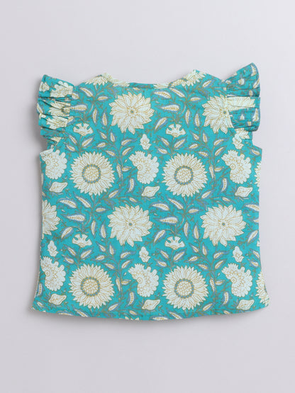 Cotton Frill Sleeves V Neck Floral Printed Top -Green