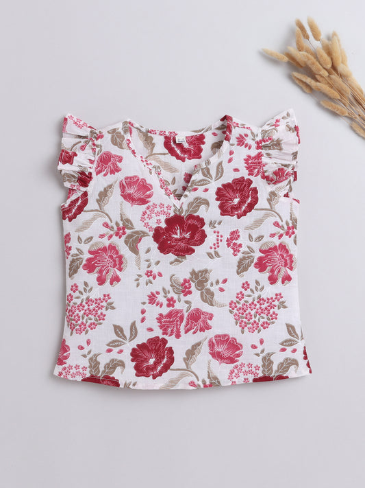 Cotton Frill Sleeves V Neck Floral Printed Top -White