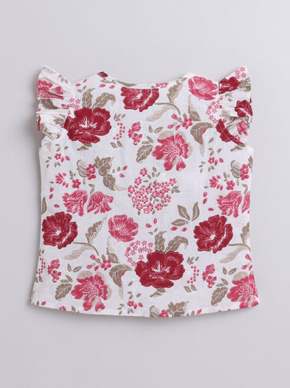 Cotton Frill Sleeves V Neck Floral Printed Top -White