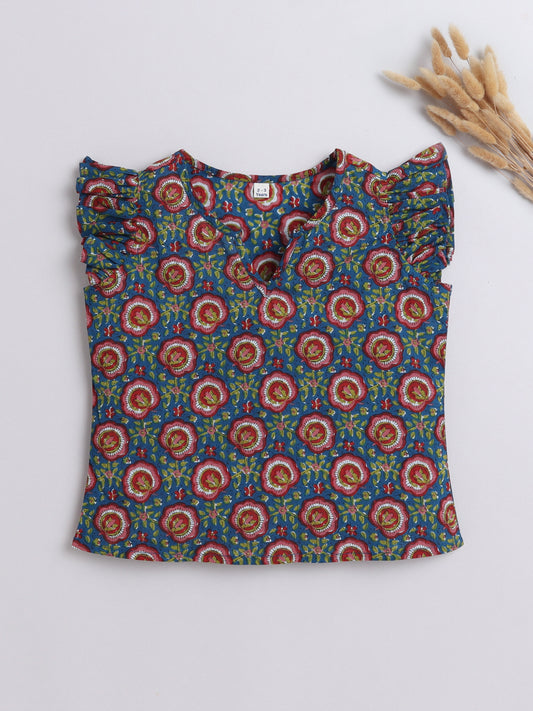 Cotton Frill Sleeves V Neck Floral Printed Top-Teal