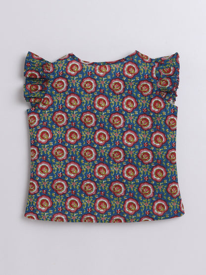 Cotton Frill Sleeves V Neck Floral Printed Top-Teal