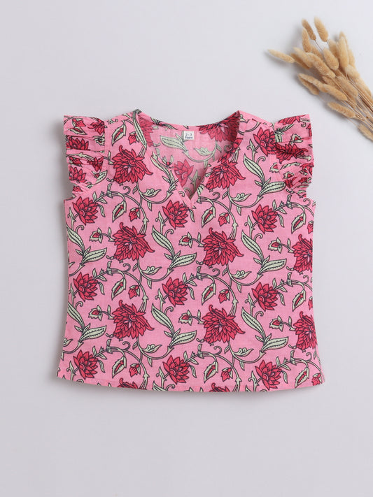 Cotton Frill Sleeves V Neck Floral Printed Top-Pink