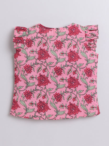 Cotton Frill Sleeves V Neck Floral Printed Top-Pink