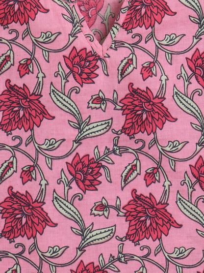 Cotton Frill Sleeves V Neck Floral Printed Top-Pink