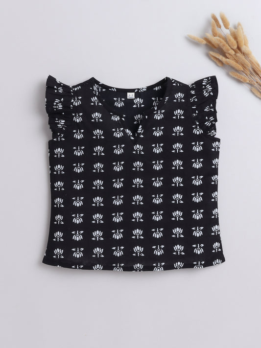 The Magic Wand Cotton Frill Sleeves V Neck Floral Printed Top Black