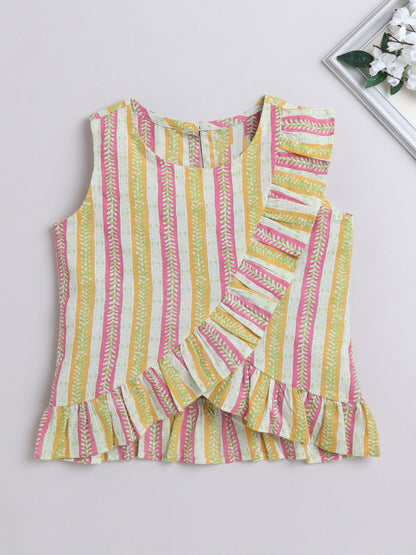 Stripes Textured Ruffle Sleevless Top-Yellow