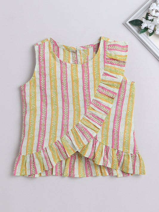 Stripes Textured Ruffle Sleevless Top-Yellow
