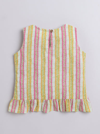Stripes Textured Ruffle Sleevless Top-Yellow