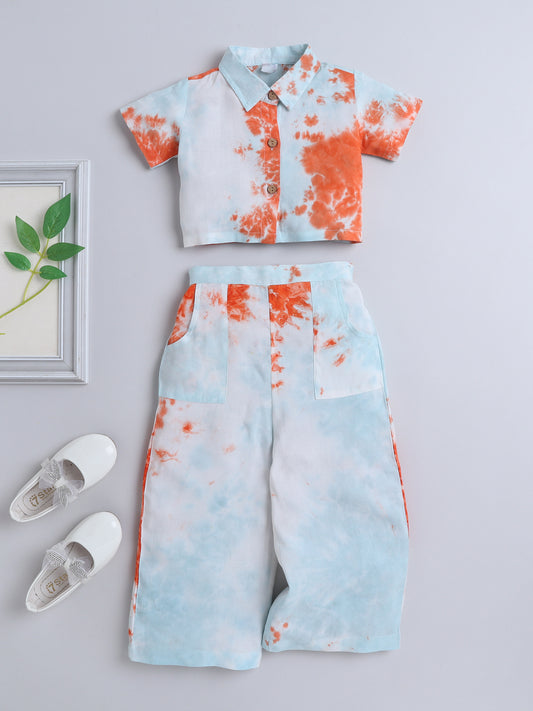 Sustainable Tie & Dye Printed Short Sleeves With Collar Co ord Sets-Blue, Orange