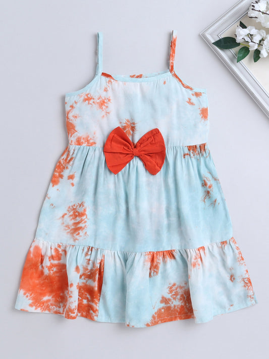 Sleeveless Tie & Dye With Bow Detailed Dress - Blue & Orange