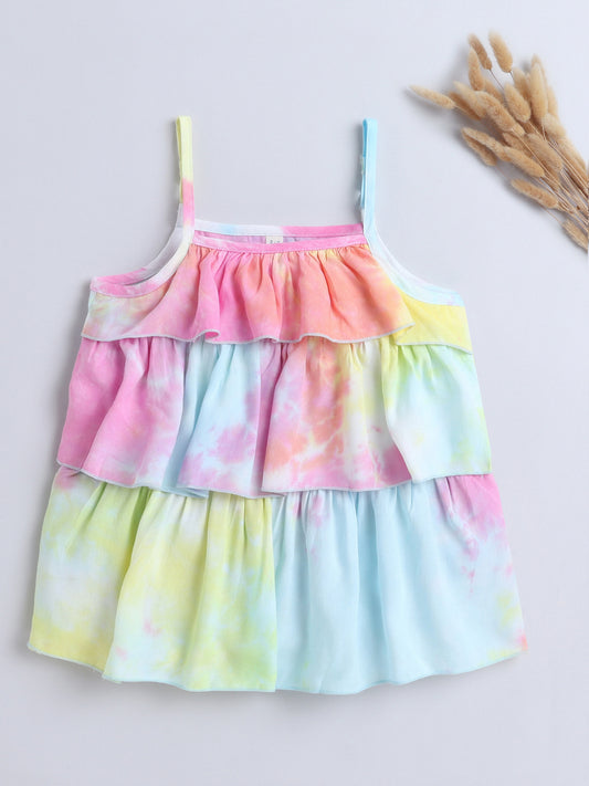 Tie & Dye Printed Sleeveless Tiered Tops For Girls-Multi