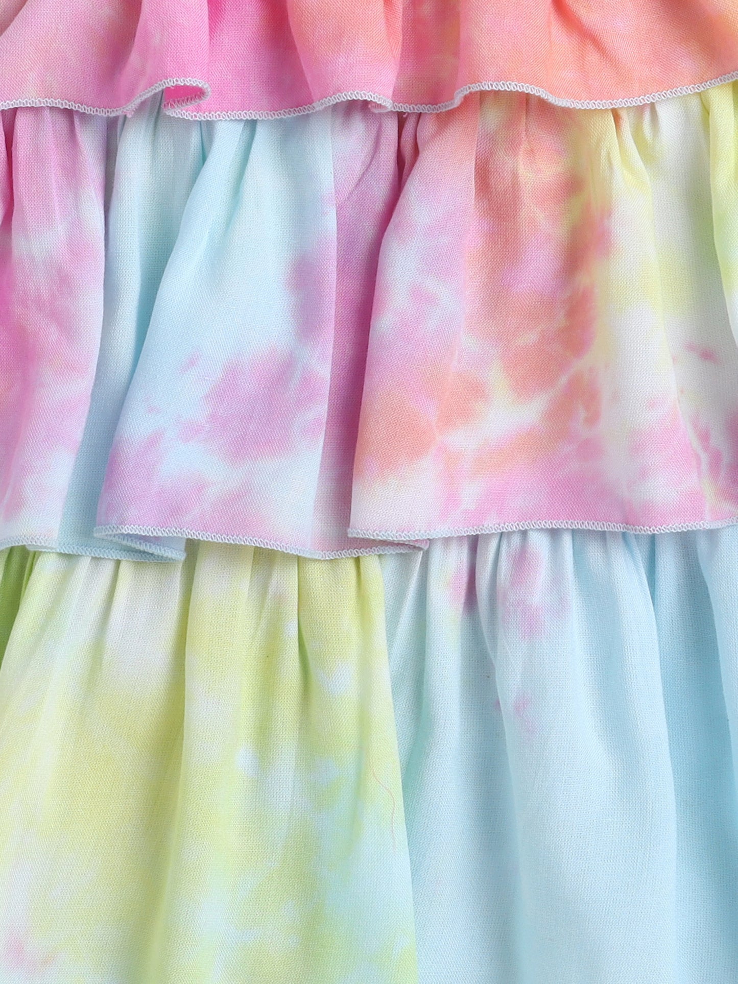 Tie & Dye Printed Sleeveless Tiered Tops For Girls-Multi