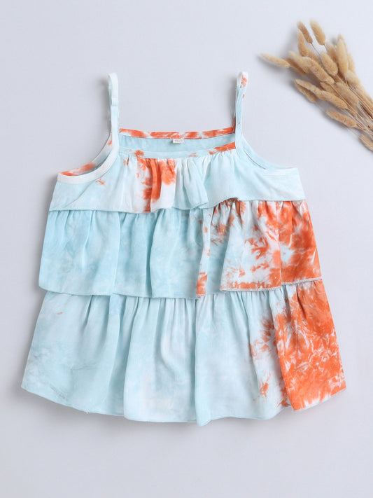 Tie & Dye Printed Sleeveless Tiered Tops-Multi