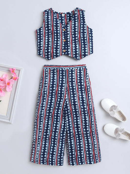 Sustainable Stripes Printed Sleeveless Waist Co ord Sets-Indigo Blue