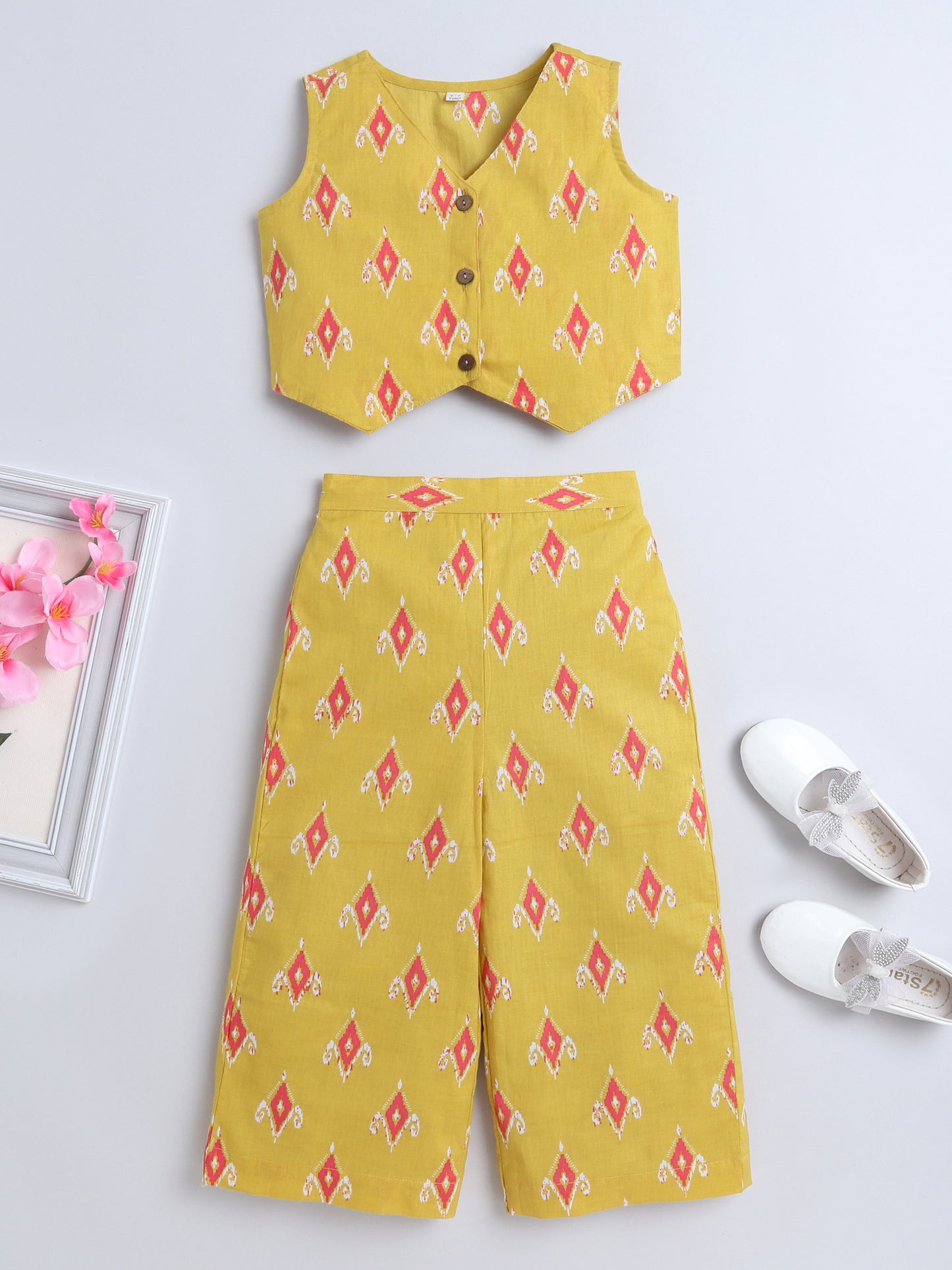 Sustainable Ikat Printed Sleeveless Waist Co ord Sets Mustard