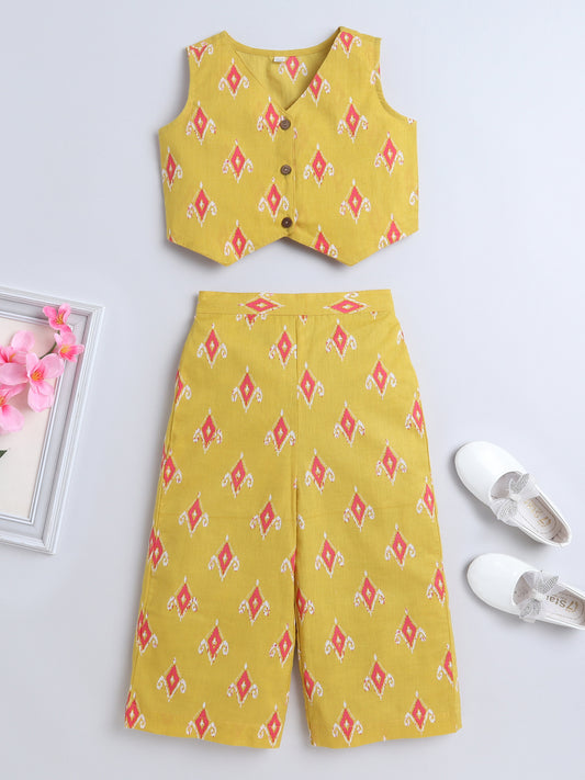 Sustainable Ikat Printed Sleeveless Waist Co ord Sets Mustard