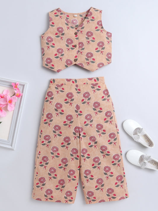 Sustainable Floral Printed Sleeveless Waist Co ord Sets-Peach