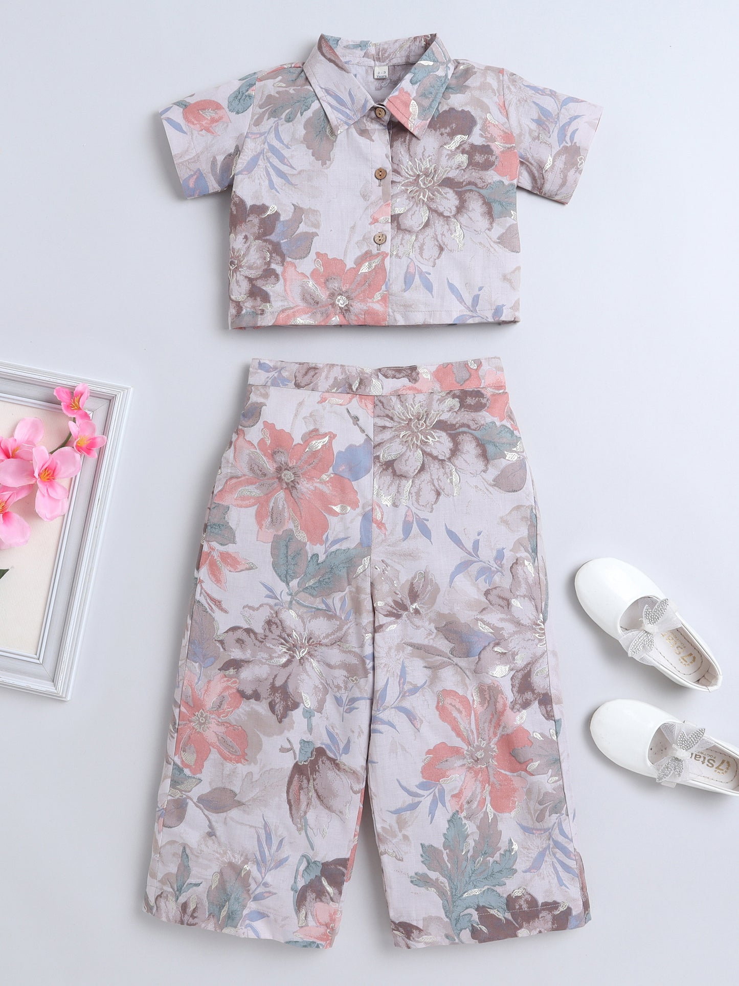 Sustainable Floral Printed Short Sleeves Collar Top and Pant Co ord Sets-Fawn