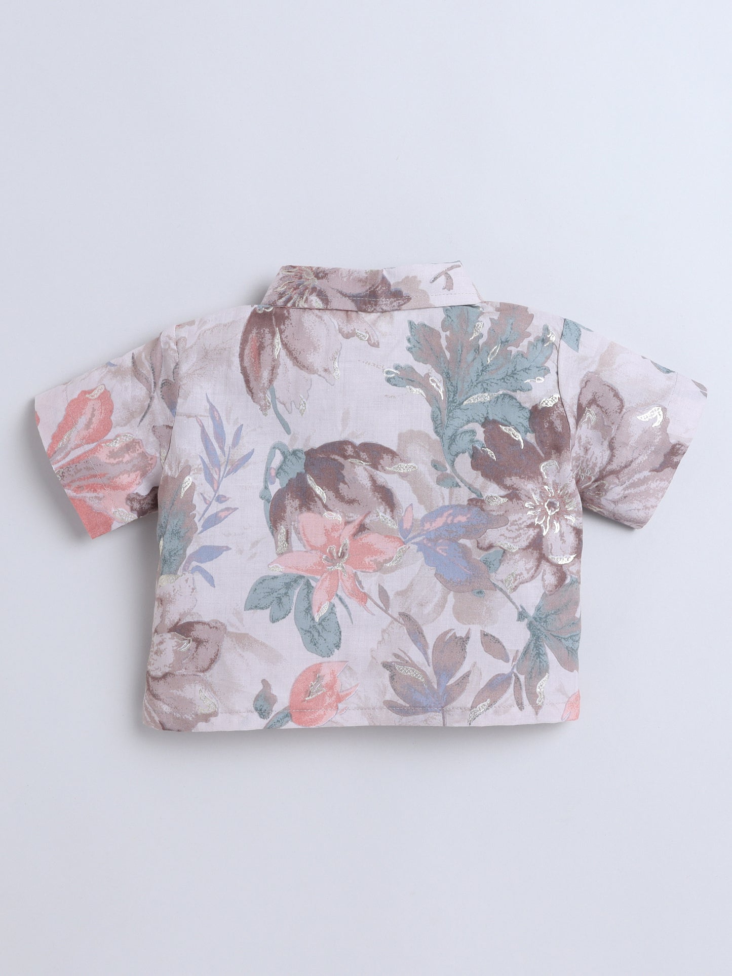 Sustainable Floral Printed Short Sleeves Collar Top and Pant Co ord Sets-Fawn