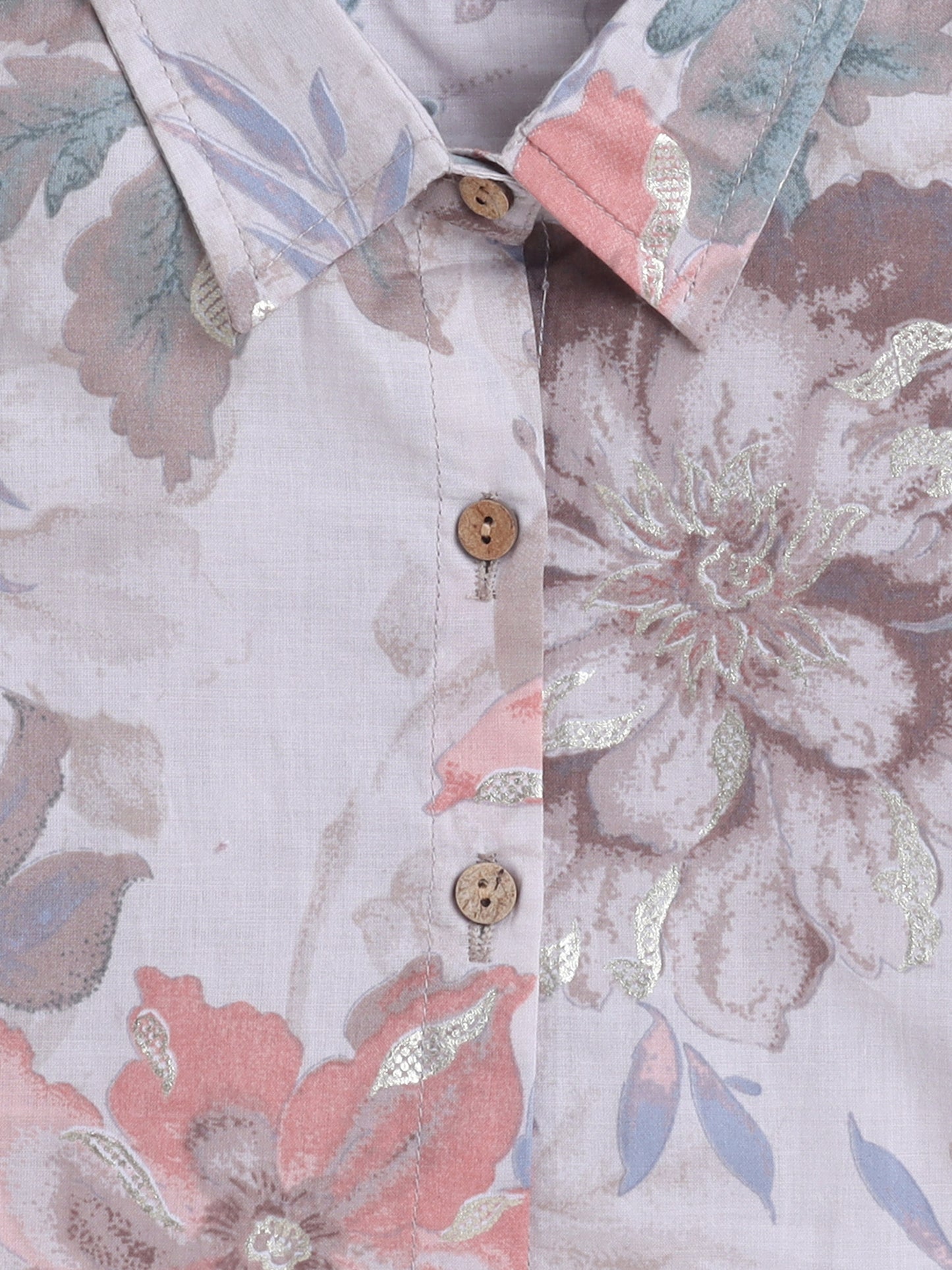 Sustainable Floral Printed Short Sleeves Collar Top and Pant Co ord Sets-Fawn