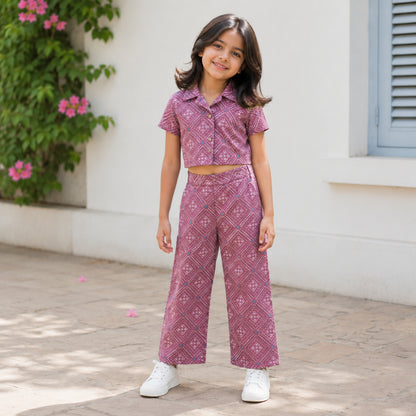 Cotton Geometric Printed Half Sleeves Co-ord Set- Onion Pink
