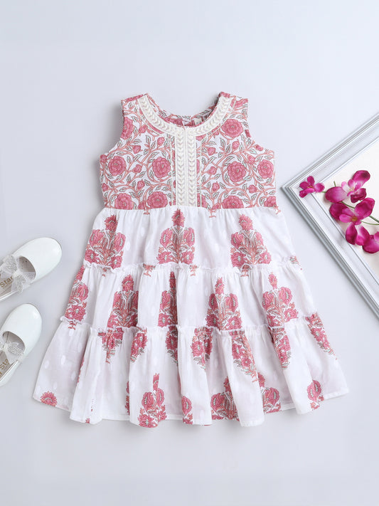 Sleeveless Floral Printed Lace Embelished Dress For Baby Girls-Pink