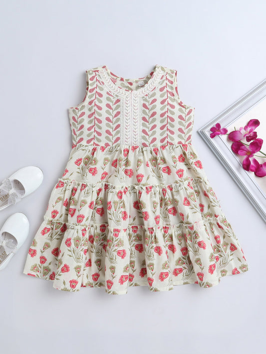 Sleeveless Floral Printed Dress - Off White