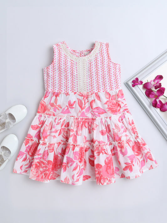 Sleeveless Floral Printed Lace Embelished Dress For Girls-Pink