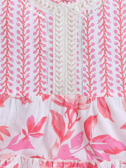 Sleeveless Floral Printed Lace Embelished Dress For Girls-Pink