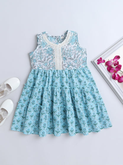 Sleeveless Floral Printed Lace Embelished Dress For Girls-Blue