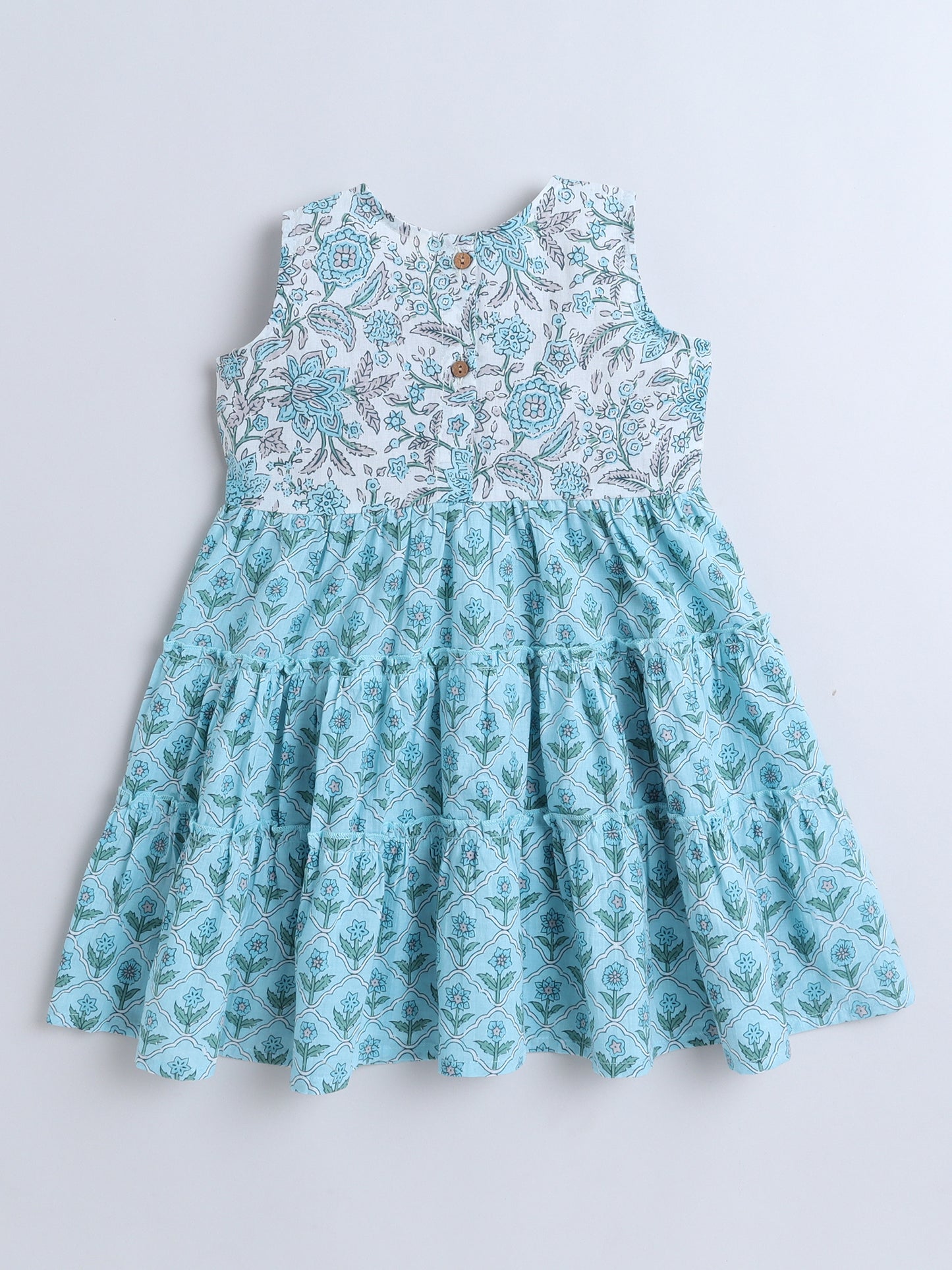 Sleeveless Floral Printed Lace Embelished Dress For Girls-Blue