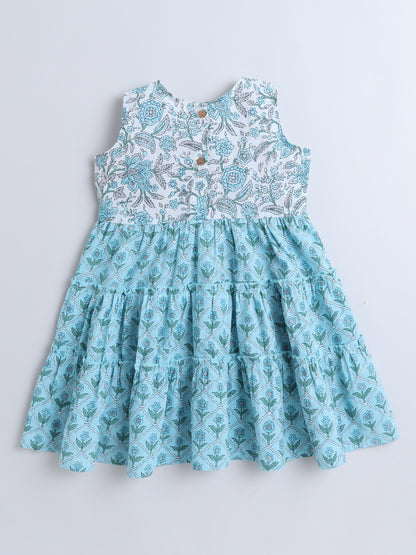 Sleeveless Floral Printed Lace Embelished Dress For Girls-Blue