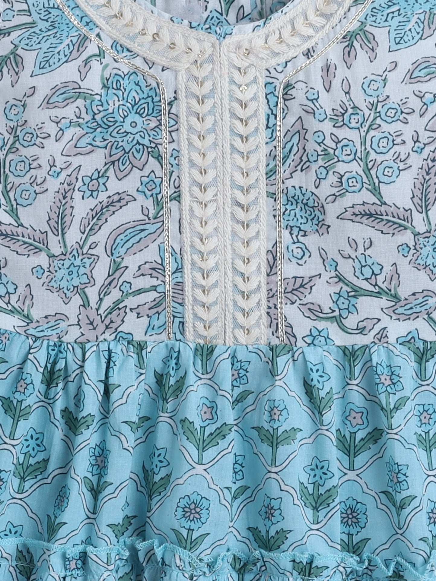 Sleeveless Floral Printed Lace Embelished Dress For Girls-Blue