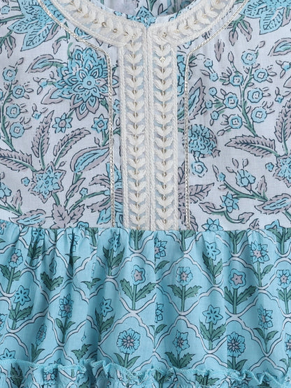 Sleeveless Floral Printed Lace Embelished Dress For Girls-Blue