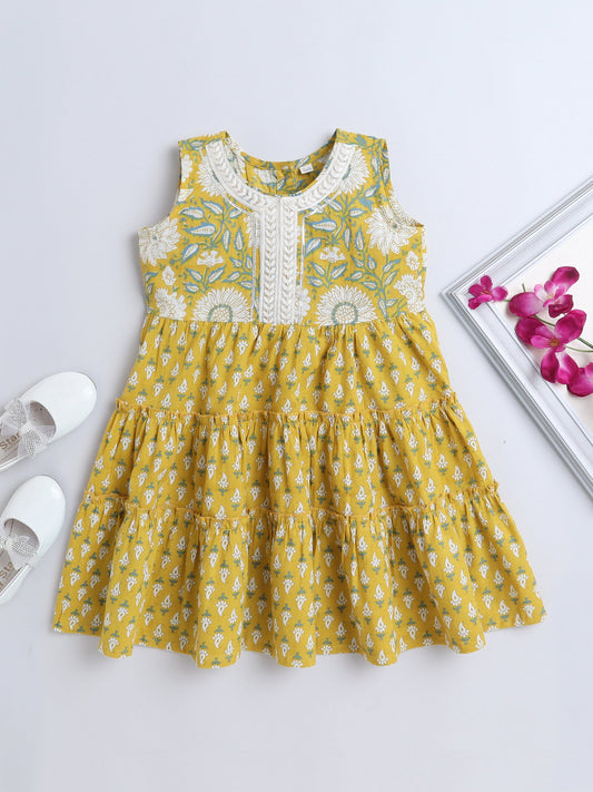 Sleeveless Floral Printed Dress For Girls -Mustard