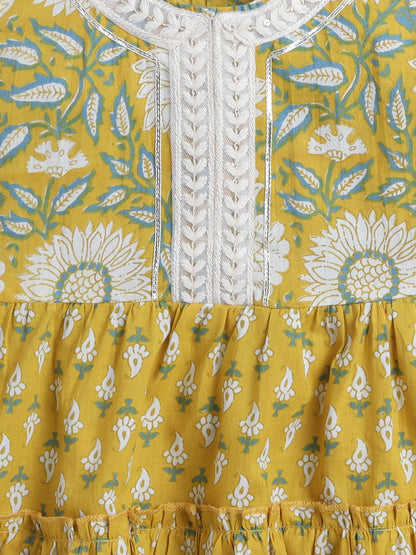 Sleeveless Floral Printed Dress For Girls -Mustard