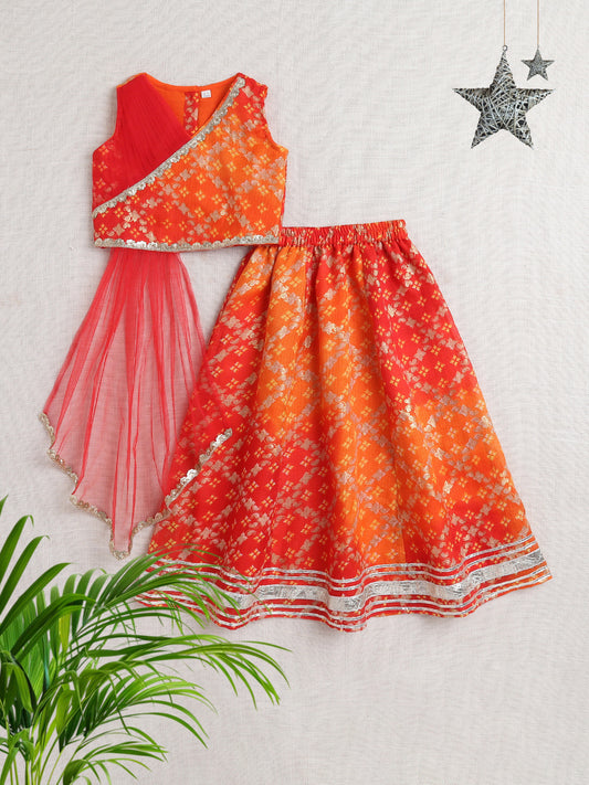 Kota Doria Sleeveless Lace Emebelished Choli With Attached Dupatta Lehenga Set For Girls-Orange