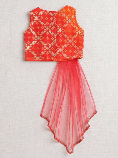 Kota Doria Sleeveless Lace Emebelished Choli With Attached Dupatta Lehenga Set For Girls-Orange