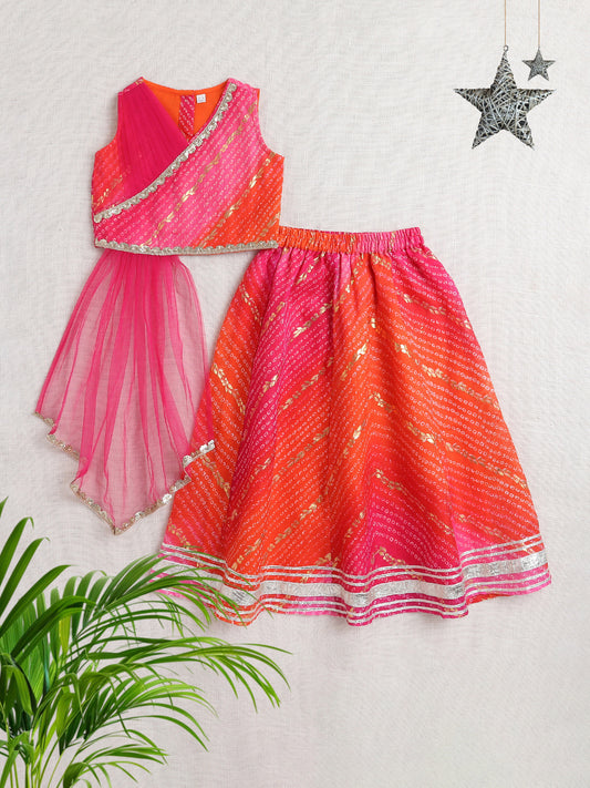 Kota Doria Sleeveless Lace Emebelished Choli With Attached Dupatta Lehenga Set For Girls-Fuchsia