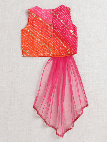 Kota Doria Sleeveless Lace Emebelished Choli With Attached Dupatta Lehenga Set For Girls-Fuchsia