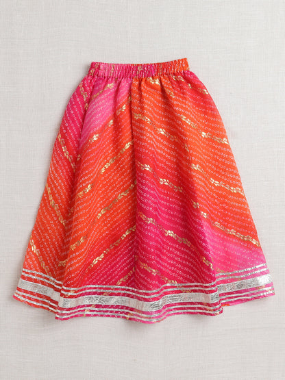 Kota Doria Sleeveless Lace Emebelished Choli With Attached Dupatta Lehenga Set For Girls-Fuchsia