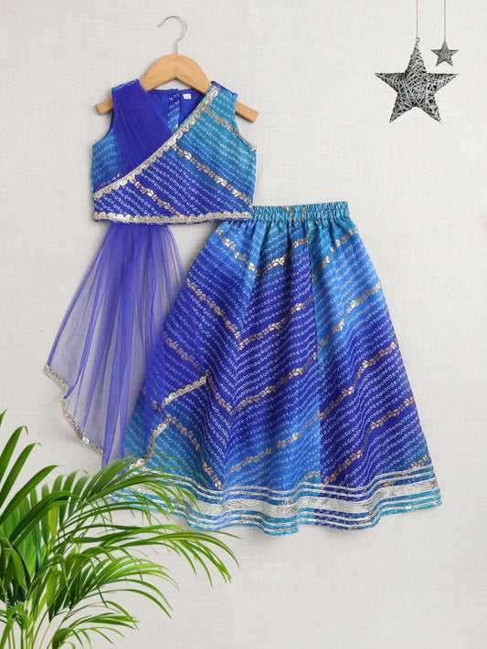Kota Doria Sleeveless Lace Emebelished Choli With Attached Dupatta Lehenga Set For Girls-Blue