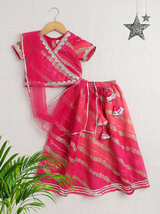 Kota Doria Lace Embellished Short Sleeves Choli With Lehenga And Dupatta Set For Girls-Fuchsia